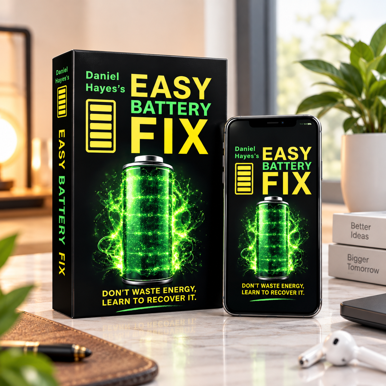 Easy Battery Fix guide and digital edition on a warmly lit desk