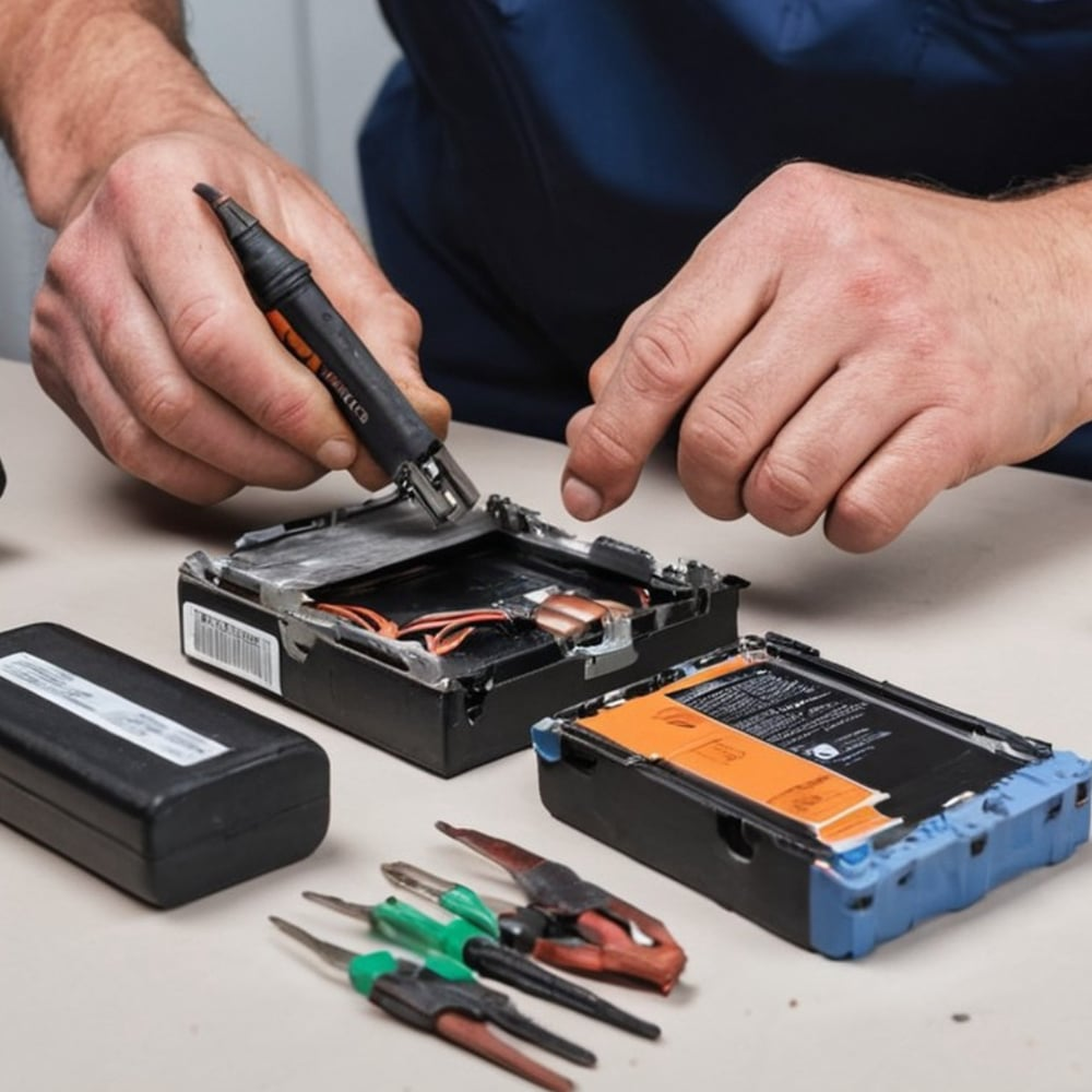 A professional examining battery equipment at a workbench