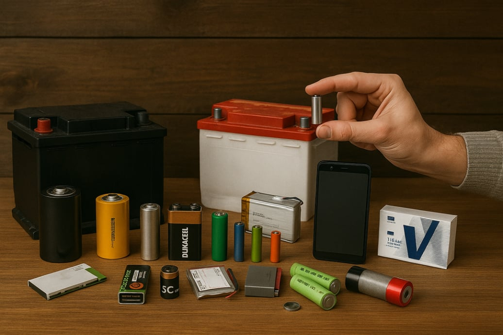Different household and automotive battery types arranged on a wooden table