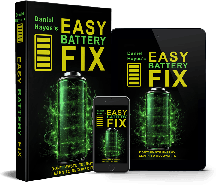 Easy Battery Fix displayed as a book, tablet edition, and mobile edition